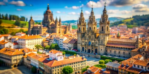 Vibrant Urban Map with Intricate Street Networks and Santiago de Compostela Cathedral Highlights on a Sunny Day