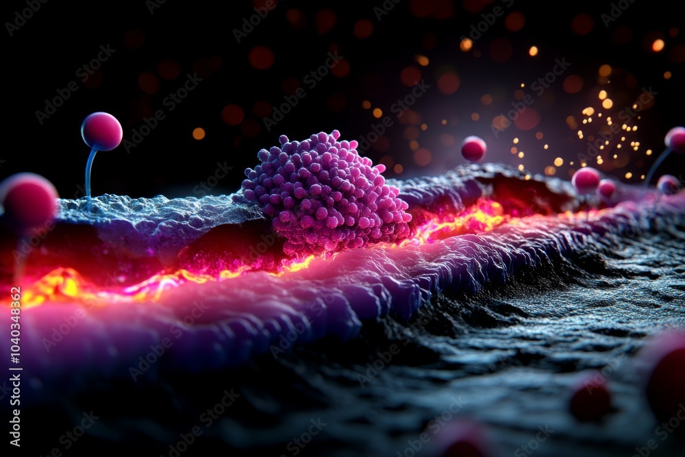 Poster Detailed view of the phospholipid bilayer, with proteins and ion channels embedded in the membrane, showing the dynamic structure of the cell boundary