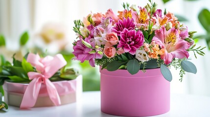 Fototapeta premium Vibrant floral arrangement in pink cylindrical vase showcases a mix of roses, dahlias, and alstroemeria. Soft focus background with potted plant adds depth to the scene.