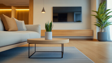 Fototapeta premium A modern living room featuring a cozy couch, minimal decor, and stylish plants creating a serene and inviting atmosphere