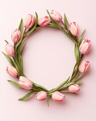Pink tulip wreath with green leaves on a soft pastel background.