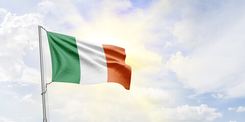 Ireland flag waving on sky background. 3D Rendering