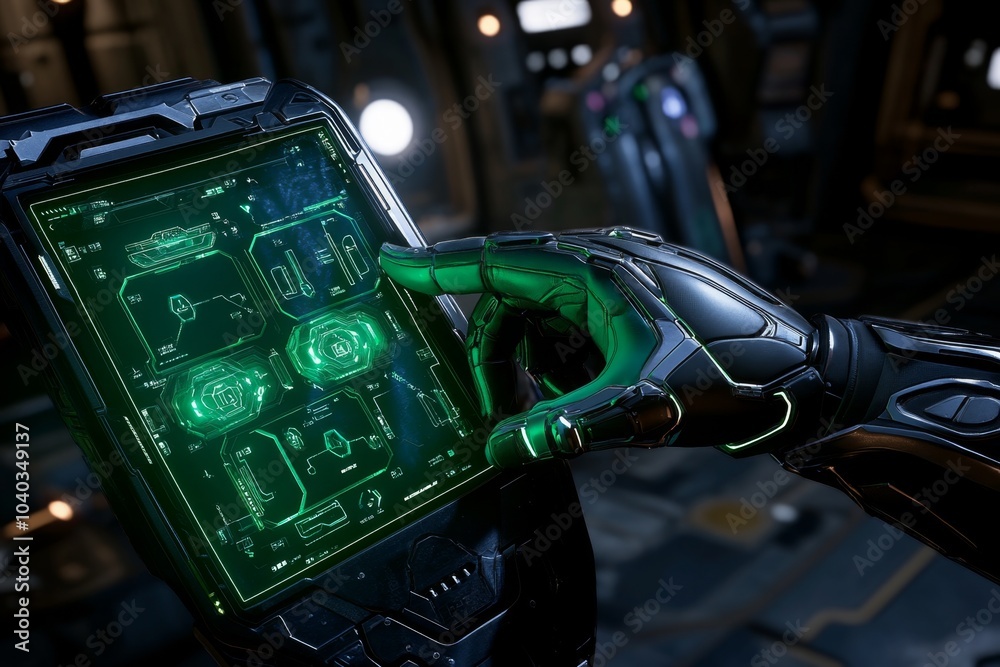 Poster engineer repairing a cyberpunk-style mechanical arm, in a dark, futuristic setting filled with high-