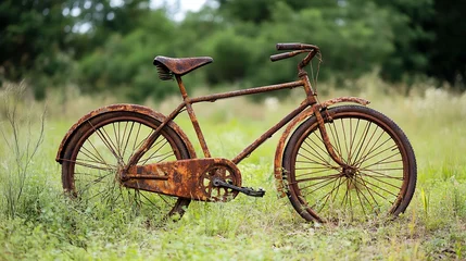 Rolgordijnen zonder boren Old rusty bicycle in the meadow, closeup  © ASGraphicsB24