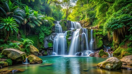 Naklejka premium Tranquil forest waterfall surrounded by lush greenery and rocks, waterfall, forest, tranquil, nature, serene