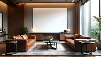 Modern Office or Living Room with Leather Furniture and Large Blank Wall