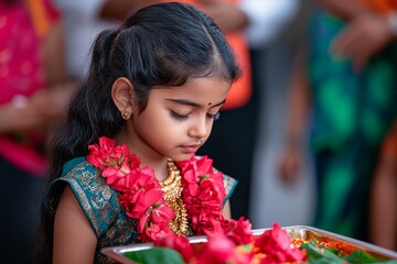 Family gathering around a beautifully decorated altar, offering prayers to Lakshmi, the goddess of wealth, for prosperity during Deepavali