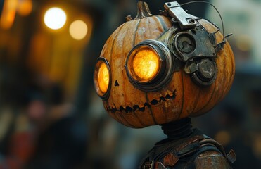 Steampunk Pumpkin Headed Figure in a Spooky Setting
