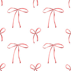 Red bow watercolor background. Seamless hand drawn pattern with cute red and pink bow illustration for children textile, fabric texture, wallpapers