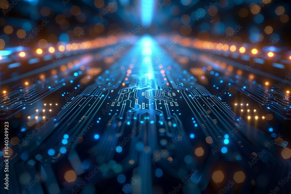 Wall mural visualize a high-tech digital landscape with glowing circuit lines and bokeh lights
