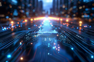 Fototapeta premium Futuristic Digital Cityscape with Illuminated Circuit Board and Glowing Lights Over Urban Background