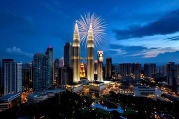 Obraz premium Fireworks lighting up a city skyline, with the entire town illuminated for Deepavali celebrations, creating a stunning contrast against the dark sky