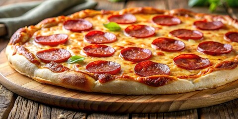 A close-up of a delicious wood-fired pepperoni pizza with stretchy cheese and crispy crust , pizza, dough