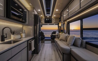Fototapeta premium The coastal living space inside an RV is bathed in the last light of the day, offering a haven of comfort with a spectacular sea view.