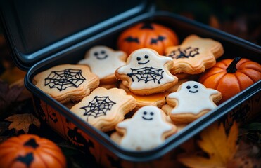Naklejka premium Halloween themed cookies in an open tin box
