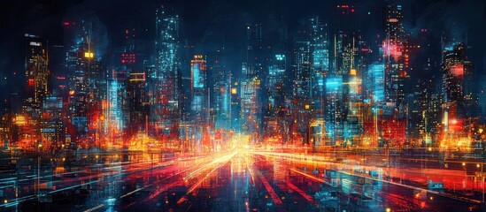 Futuristic cityscape with vibrant neon lights and glowing skyscrapers at night.