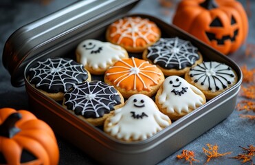 Halloween themed cookies in an open tin box