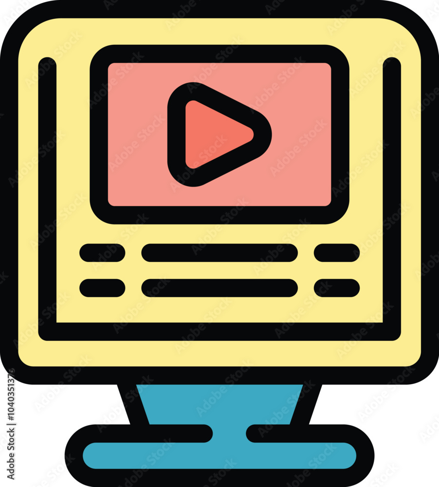 Poster colorful icon of a computer displaying a video streaming platform interface with a play button and m