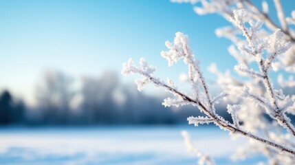 Obraz premium Frost-covered branch against a bright winter background.