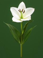 Fototapeta premium Beautiful white lily flower with green leaves on a dark background.