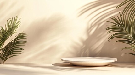 Fototapeta premium Minimalist product display with white plate on beige surface, framed by palm leaves casting soft shadows. Tropical elegance meets modern simplicity.