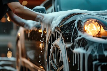 Washing car with soap vehicle washing light.