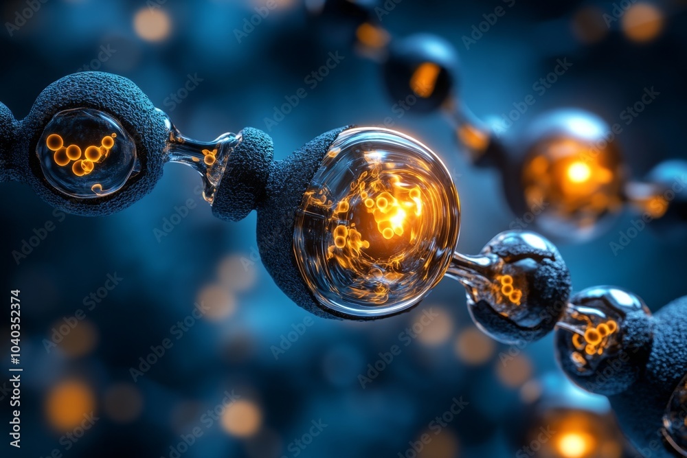 Poster futuristic ion channels in an advanced human cell membrane, with glowing, high-tech elements and dig