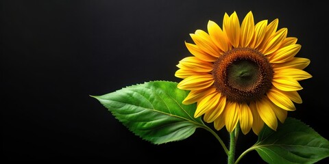 Fototapeta premium Stylized of a yellow sunflower with green leaves on a black background , Sunflower, nature, floral, plant, beauty, vibrant
