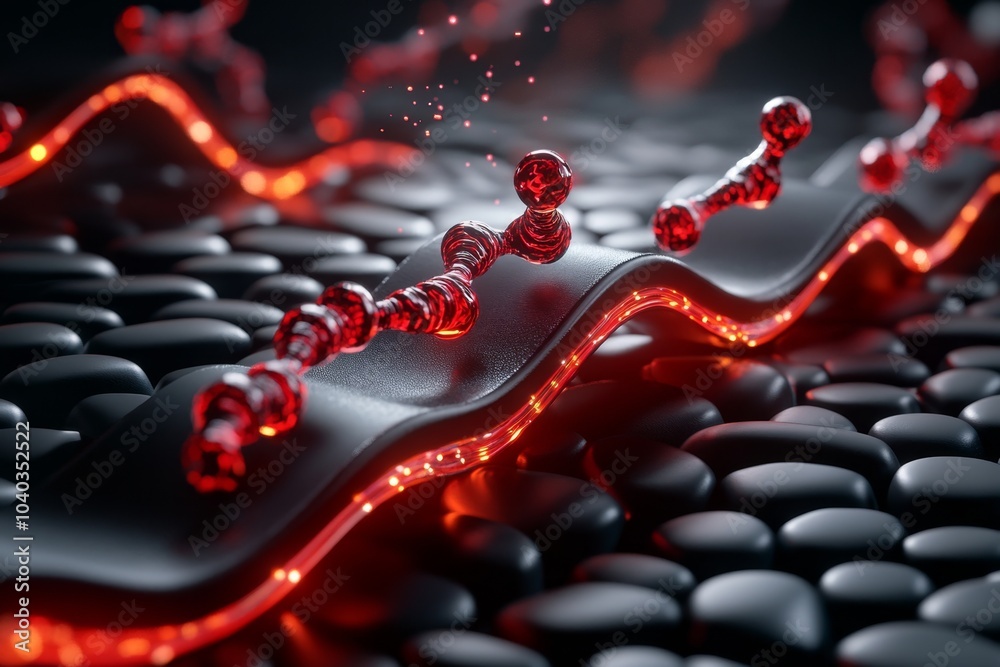 Poster futuristic ion channels in an advanced human cell membrane, with glowing, high-tech elements and dig