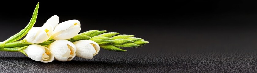 Delicate white snowdrop flowers on a dark background, showcasing their beauty.