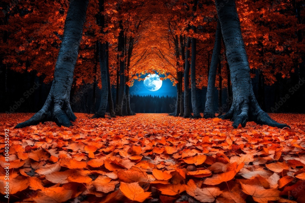 Poster gothic november forest, with long shadows cast by twisted trees and a full moon illuminating the fal