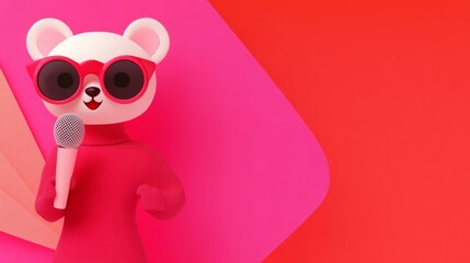 A cute cartoon bear wearing sunglasses and a red sweater holds a microphone and sings in front of a pink and red background.