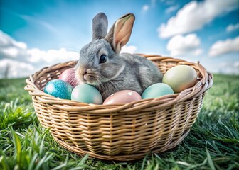 Vintage Easter Bunny in Wicker Basket Surrounded by Colorful Eggs on Green Grass for Holiday Postcard
