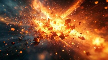 Dynamic 3D geometric surface breaking apart in an explosion of power and energy