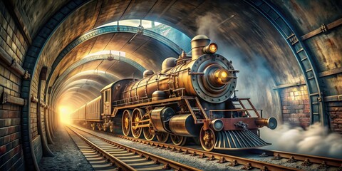 Obraz premium Steampunk time-traveling train speeding through tunnel, steampunk, train, time-travel, tunnel, adventure