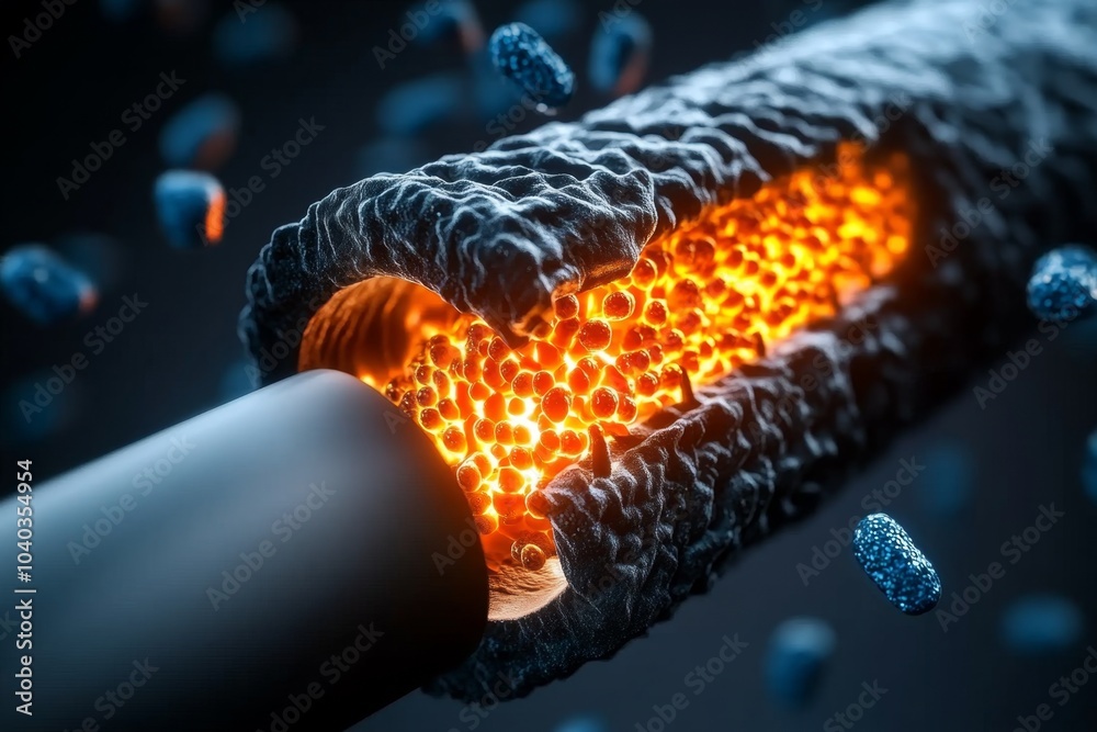 Poster human cell membrane under a microscope, with ion channels open and glowing ions passing through the 