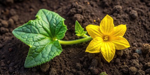 Aerial view of small cucumber plant with yellow flower in raised garden bed