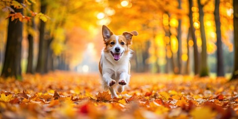 Fototapeta premium Playful dog running through colorful autumn leaves in the park, dog, autumn, park, playing, running, colorful, leaves, trees, nature