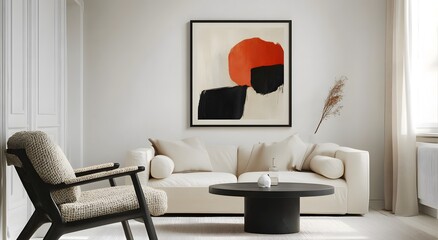 A minimalist modern living room with a sofa and a colorful abstract artwork adds visual interest with large framed art. Minimal interior design ideas.