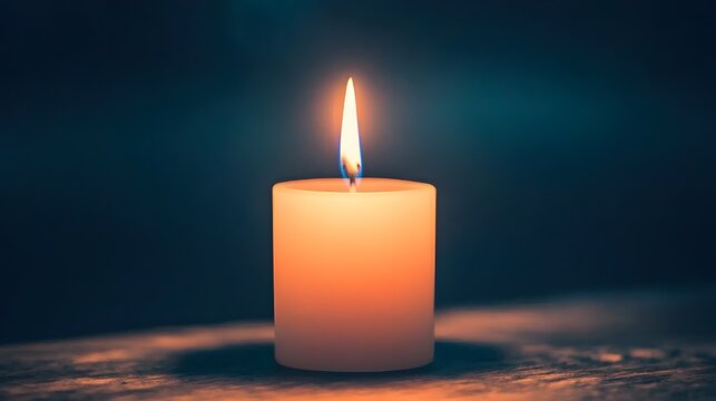 Ambient Glow: A close-up of a flickering scented candle on a rustic wooden table. The warm light casts gentle shadows, creating an intimate ambiance. 