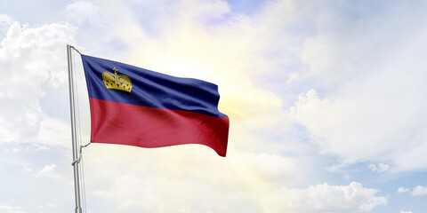 Liechtenstein flag waving on sky background. 3D Rendering