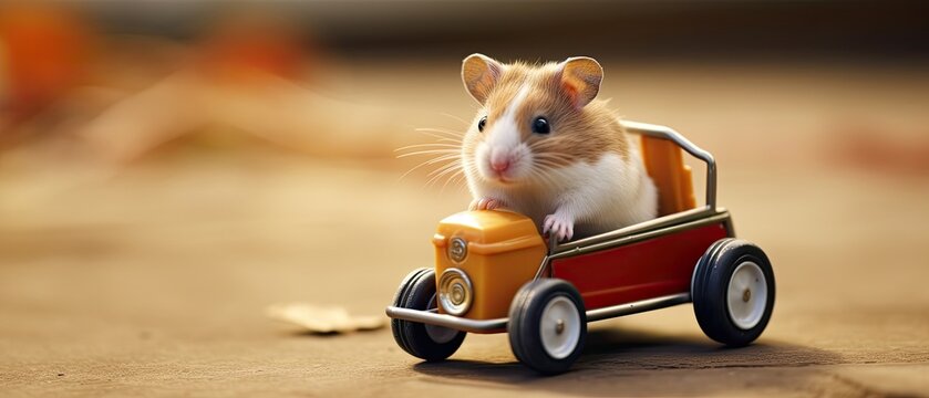 An adorable hamster driving a miniature car