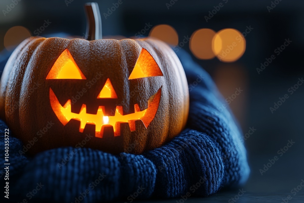 Aufkleber hyper-realistic close-up of a glowing jack-o'-lantern, with every detail of the carved face and flic