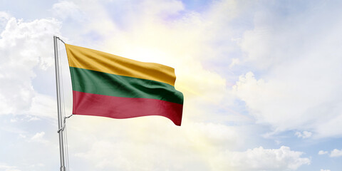 Lithuania flag waving on sky background. 3D Rendering