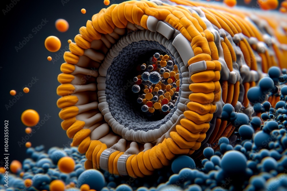 Aufkleber Hyper-realistic close-up of an ion channel embedded in a human cell membrane, showing the atomic-level structure and movement of ions