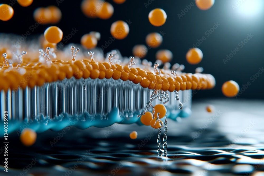 Poster Hyper-realistic close-up of an ion channel embedded in a human cell membrane, showing the atomic-level structure and movement of ions