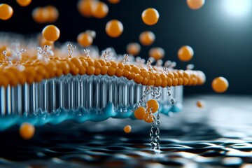 Hyper-realistic close-up of an ion channel embedded in a human cell membrane, showing the atomic-level structure and movement of ions