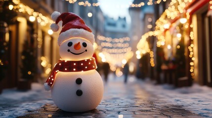 Obraz premium Festive Snowman in the City Lights at Night