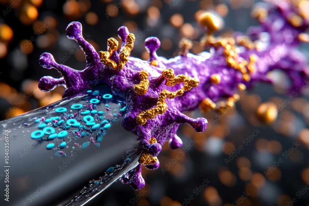 Poster hyper-realistic view of a human cell membrane, with detailed phospholipids and proteins forming a co