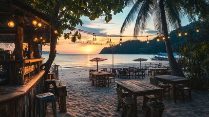 Fototapeta premium A romantic sunset can be seen on Koh Chang, a beautiful island in Thailand. A beachside cafe outside.